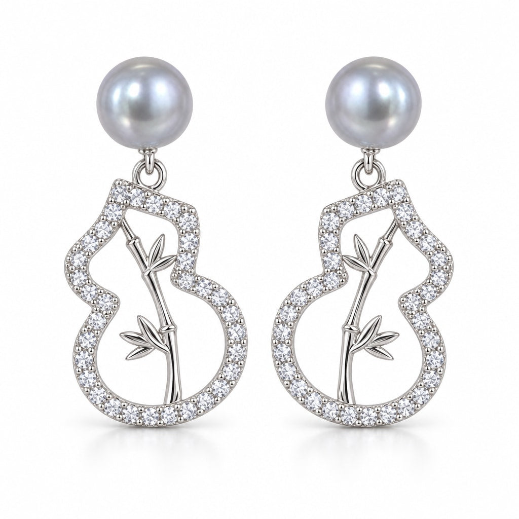 Jolien pavé gourd grey pearl drop earrings, 7-8mm grey freshwater pearls above openwork crystal gourds