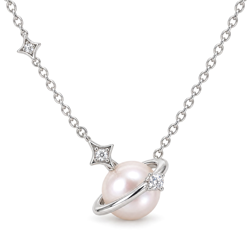 Judith planet pearl pendant necklace with a ringed freshwater pearl and star charm in sterling silver on white background