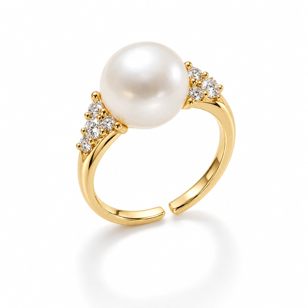 Juno CZ cluster pearl solitaire ring in gold-plated sterling silver on white background