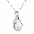 Karin pavé twist loop freshwater pearl pendant necklace in sterling silver on white background