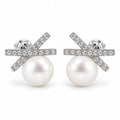 Katharina pavé cross pearl stud earrings, 7-8mm white freshwater pearls beneath crossed crystal bars