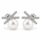 Katharina pavé cross pearl stud earrings, 7-8mm white freshwater pearls beneath crossed crystal bars