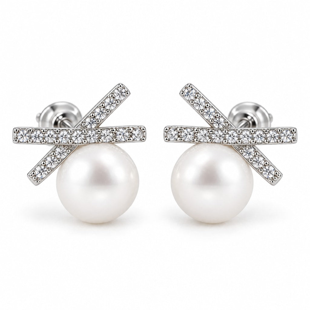 Katharina pavé cross pearl stud earrings, 7-8mm white freshwater pearls beneath crossed crystal bars