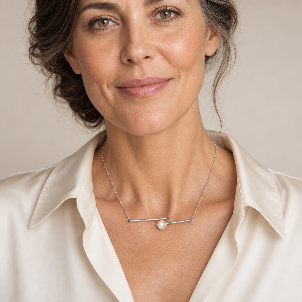 Woman wearing the Katherine double bar pearl necklace at the collarbone over a black ribbed top