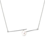Katherine double bar pearl necklace with a round white freshwater pearl in sterling silver on white background