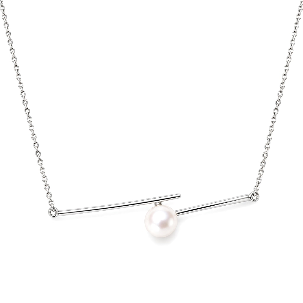 Katherine double bar pearl necklace with a round white freshwater pearl in sterling silver on white background