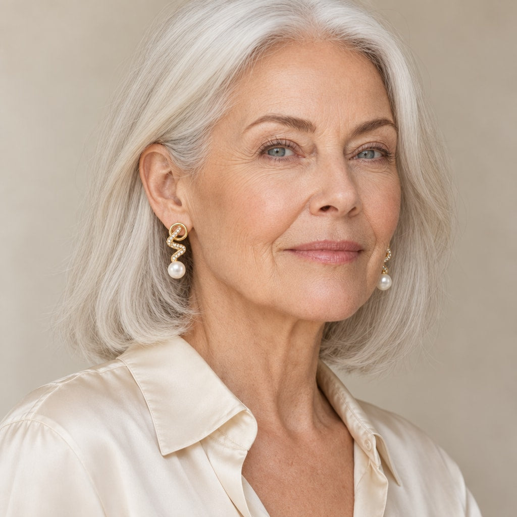 Woman in her forties wearing the Laurence coiled ribbon pearl drop earrings, hair down