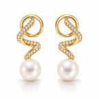 Laurence pearl earrings, pavé ribbons coiling down to 7-8mm white button pearls
