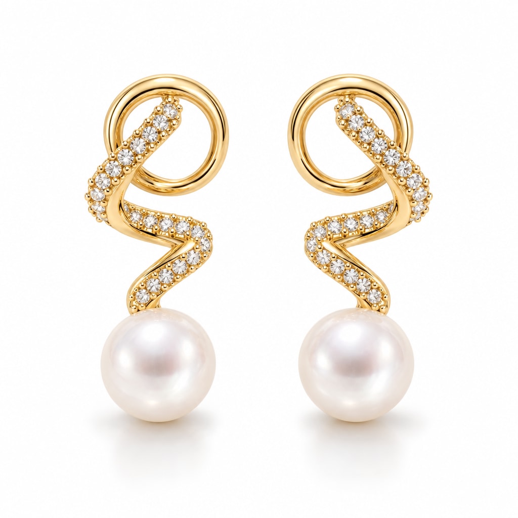 Laurence pearl earrings, pavé ribbons coiling down to 7-8mm white button pearls