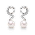 Laurence pearl earrings, pavé ribbons coiling down to 7-8mm white button pearls - second finish