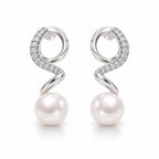 Laurence pearl earrings, pavé ribbons coiling down to 7-8mm white button pearls - second finish