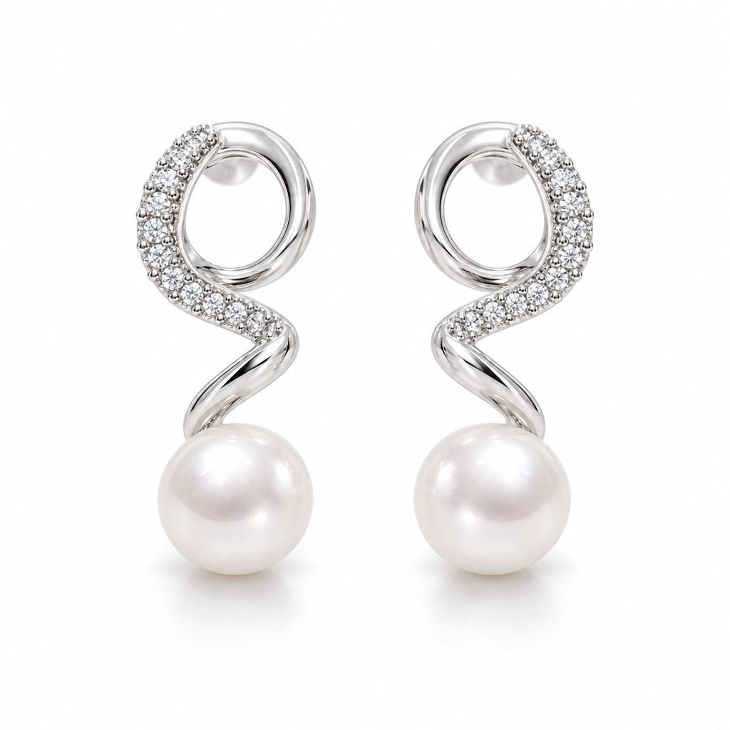 Laurence pearl earrings, pavé ribbons coiling down to 7-8mm white button pearls - second finish