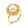 Leila floral halo pearl ring in gold-plated sterling silver on white background