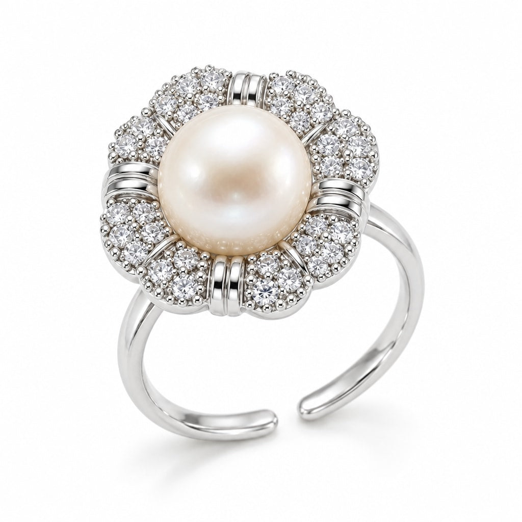 Leila floral halo pearl ring in gold-plated sterling silver on white background - second finish