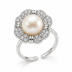 Leila floral halo pearl ring in gold-plated sterling silver on white background - second finish