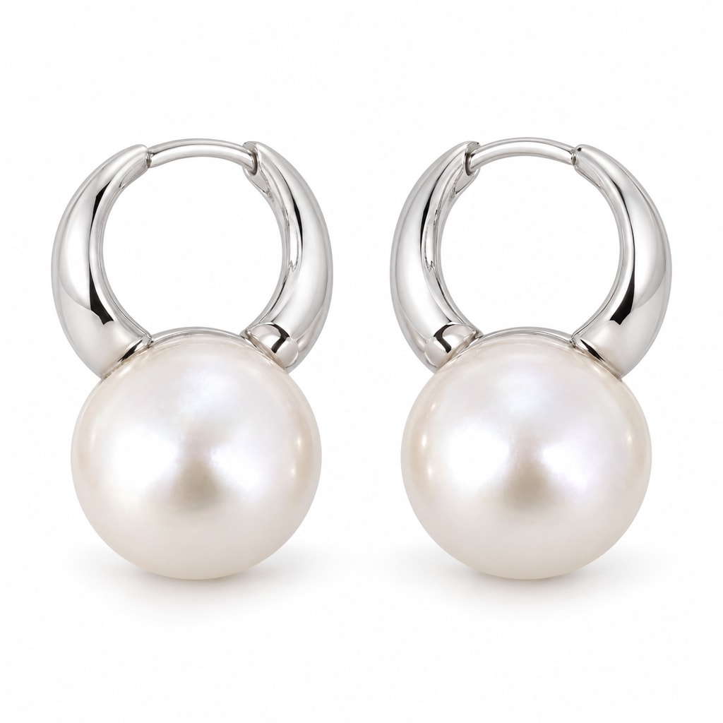 Leonie polished hoop pearl earrings, 10-11mm white freshwater pearls on slim sterling silver hoops