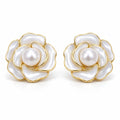 Lieke camellia pearl stud earrings, 9-10mm white freshwater pearls at the center of layered white petals