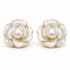 Lieke camellia pearl stud earrings, 9-10mm white freshwater pearls at the center of layered white petals