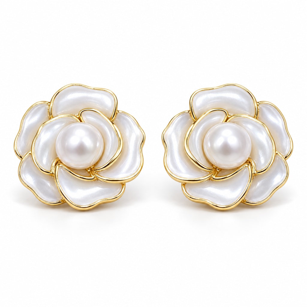 Lieke camellia pearl stud earrings, 9-10mm white freshwater pearls at the center of layered white petals