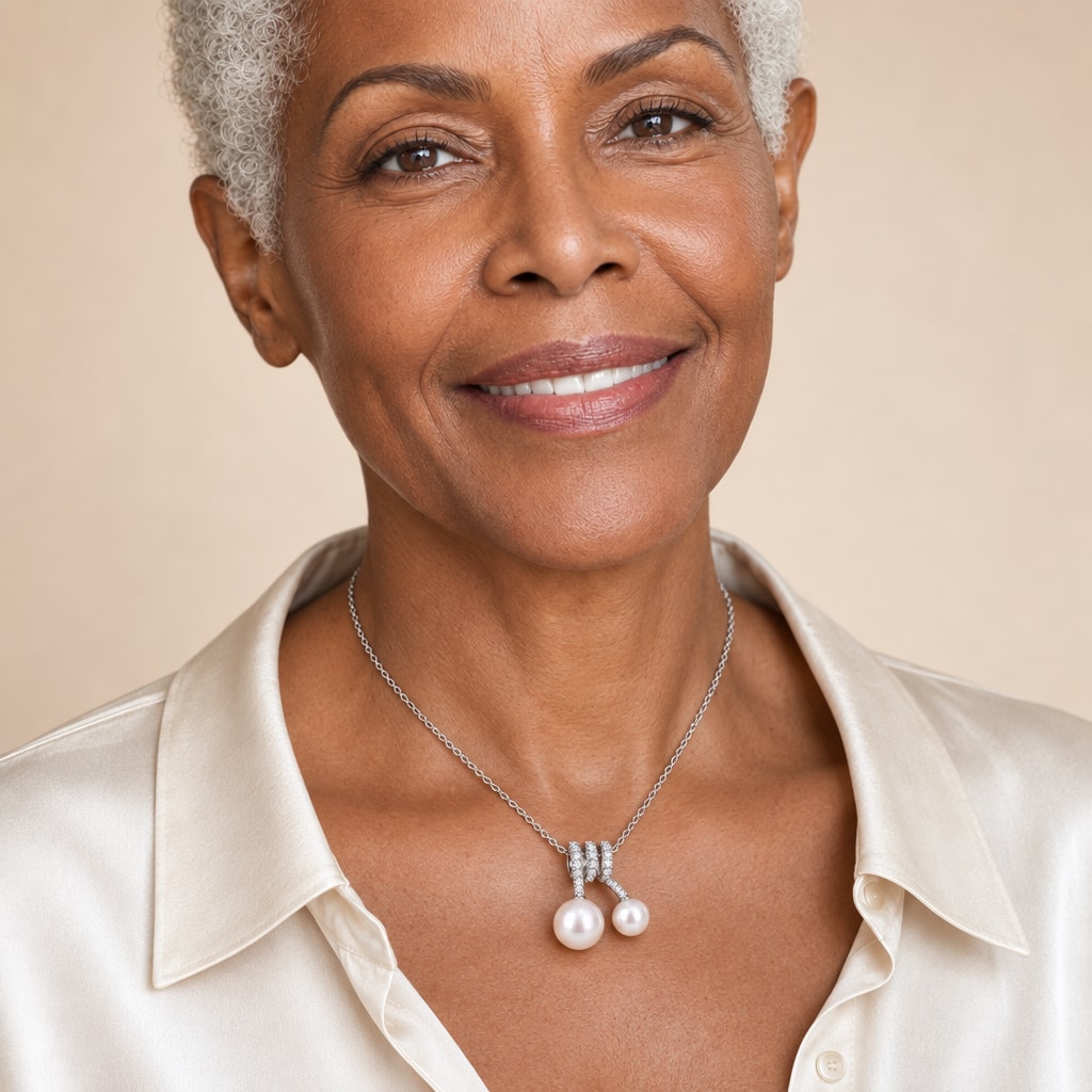 Woman wearing the Lillian double pearl pendant necklace at the sternum over a black ribbed top