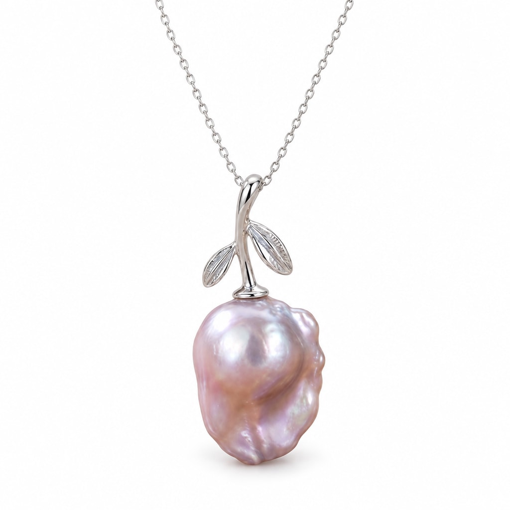 Linnea lavender freshwater pearl pendant necklace on a polished sterling silver twig bail with leaves on white background