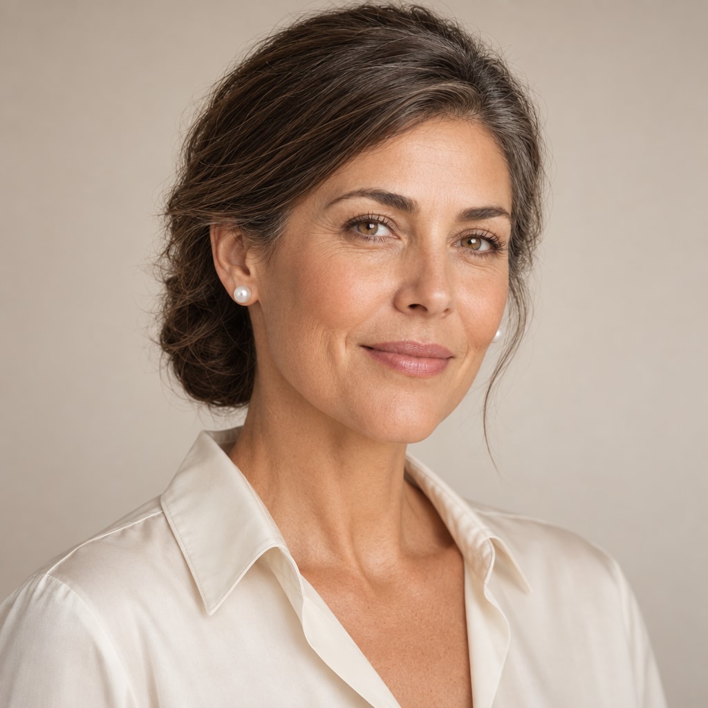 Woman in her fifties wearing the Liv button pearl stud earrings with her hair pulled back