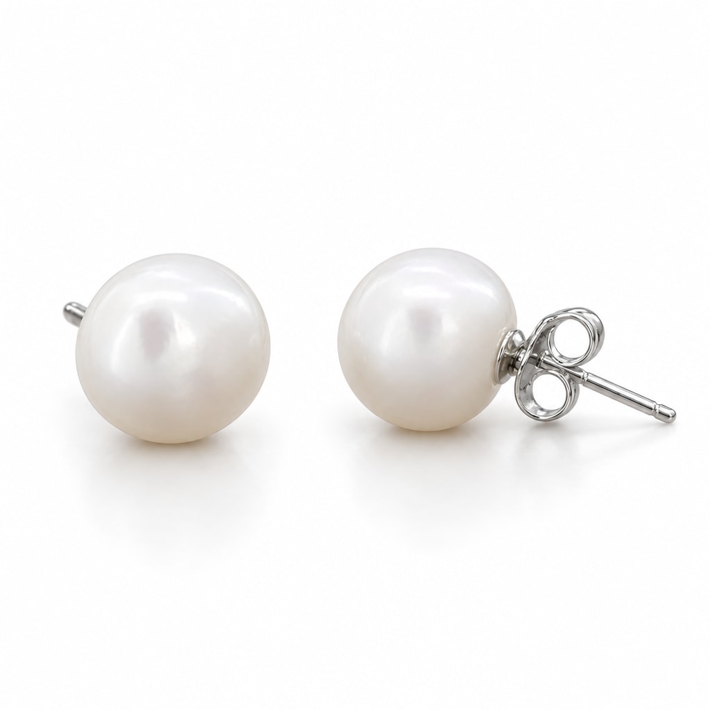 Liv button pearl stud earrings, white freshwater pearls on sterling silver posts