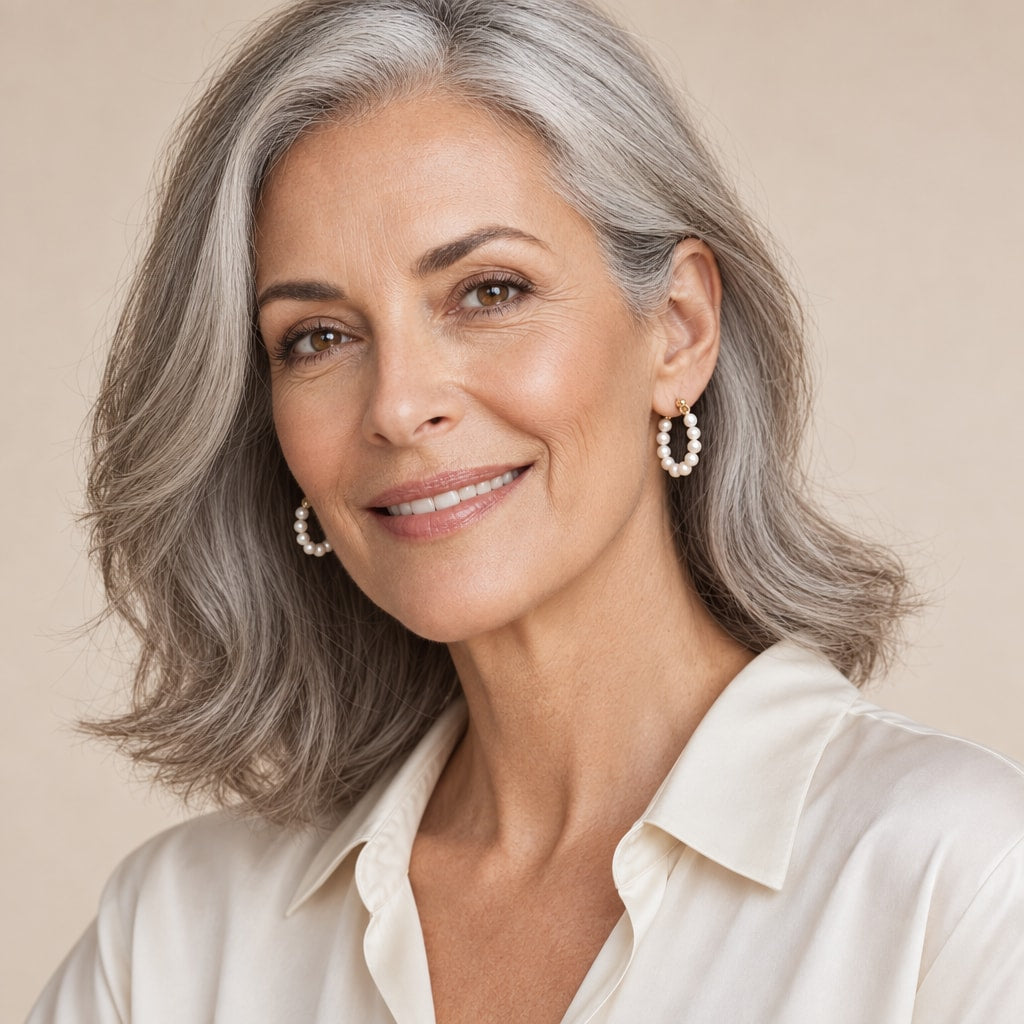 Woman in her thirties wearing the Lotte beaded pearl hoop earrings, hair tied back