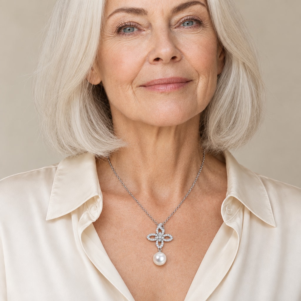 Woman wearing the Louise pavé flower pearl drop necklace at the collarbone with a black velvet V-neck top