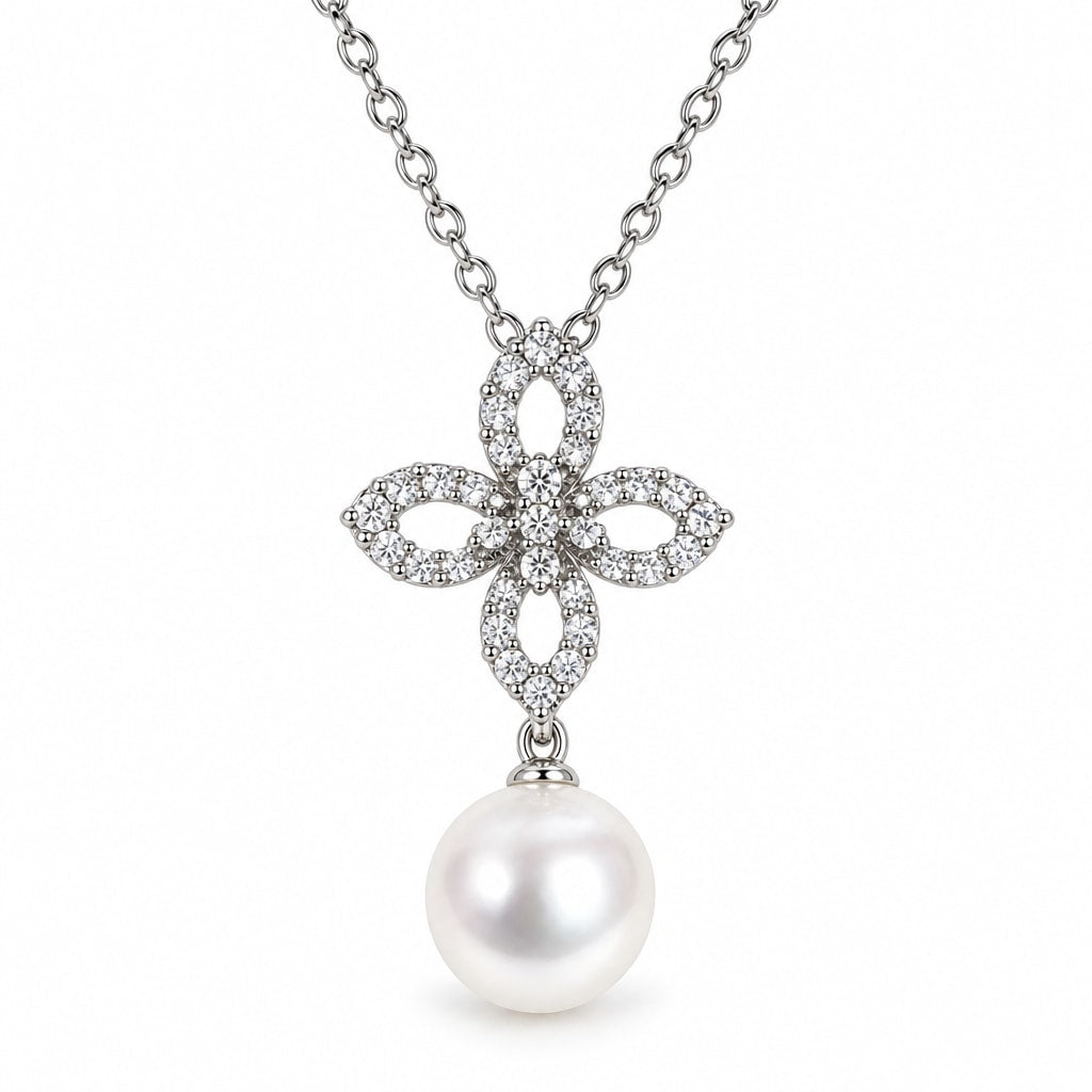 Louise pavé flower freshwater pearl drop pendant necklace in sterling silver on white background