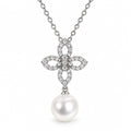Louise pavé flower freshwater pearl drop pendant necklace in sterling silver on white background