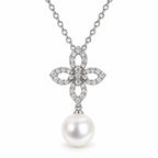 Louise pavé flower freshwater pearl drop pendant necklace in sterling silver on white background
