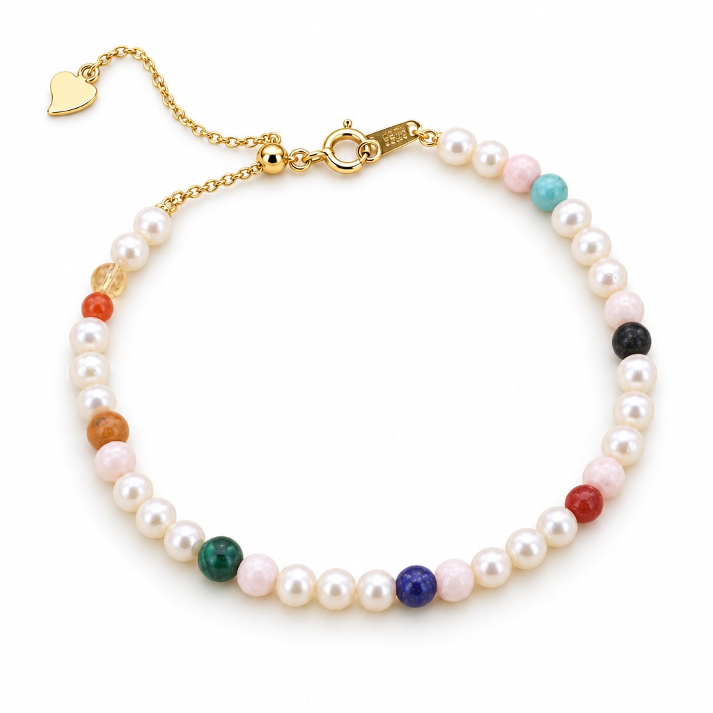 Ludovica white freshwater pearl bracelet with scattered multicolor beads, flat lay on cream