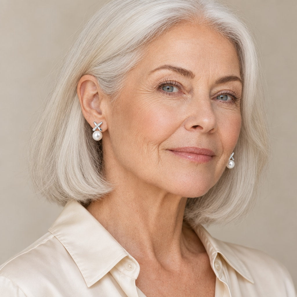 Woman in her fifties wearing the Luise pavé X pearl stud earrings, hair up