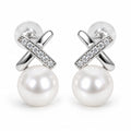 Luise pavé X pearl stud earrings, 10-11mm white freshwater pearls beneath crossed silver bars