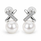 Luise pavé X pearl stud earrings, 10-11mm white freshwater pearls beneath crossed silver bars