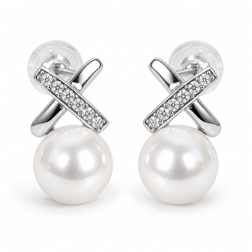 Luise pavé X pearl stud earrings, 10-11mm white freshwater pearls beneath crossed silver bars