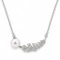 Lydia pavé feather pearl necklace with a round white freshwater pearl in sterling silver on white background