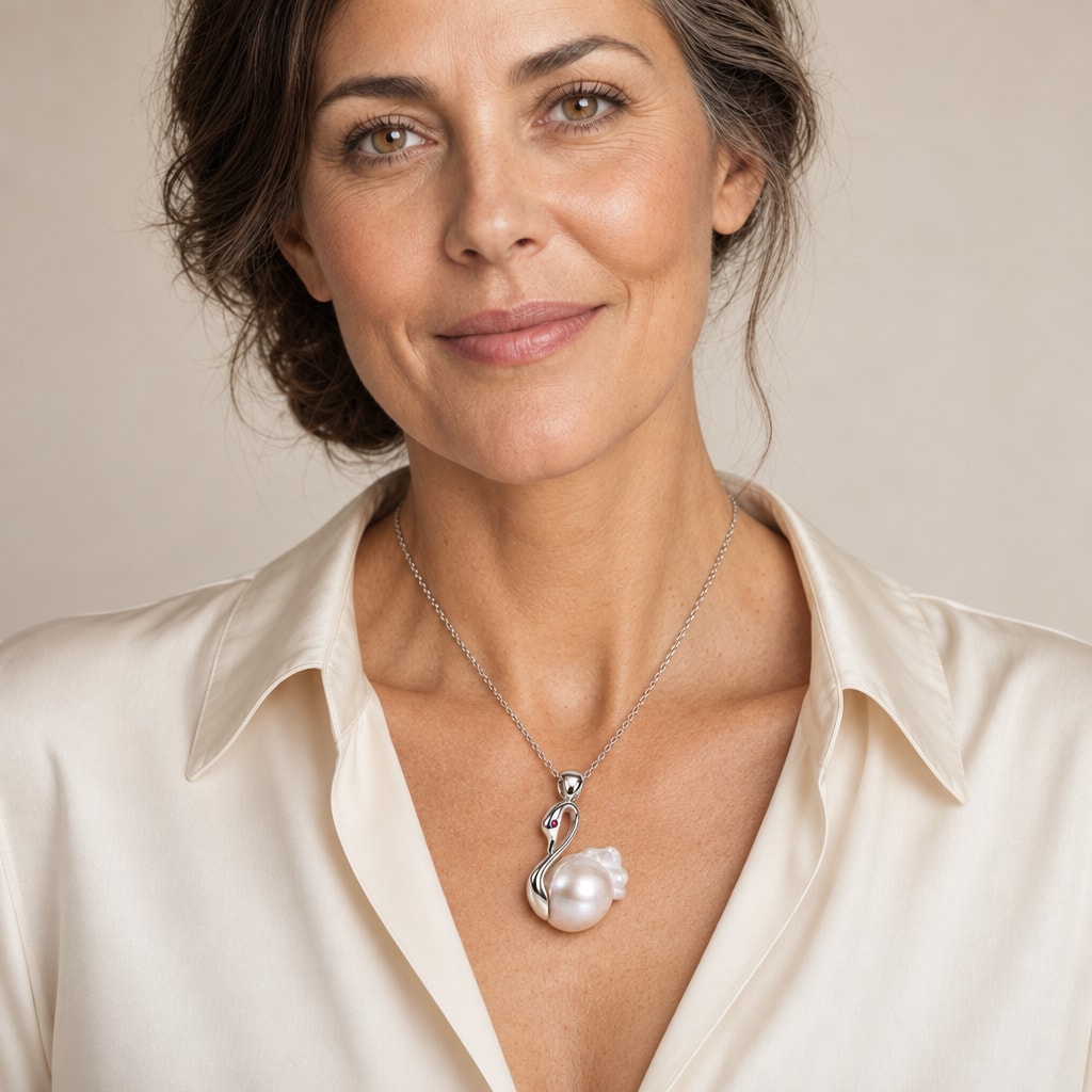 Woman wearing the Mabel swan baroque pearl pendant necklace at the collarbone with a black velvet V-neck top