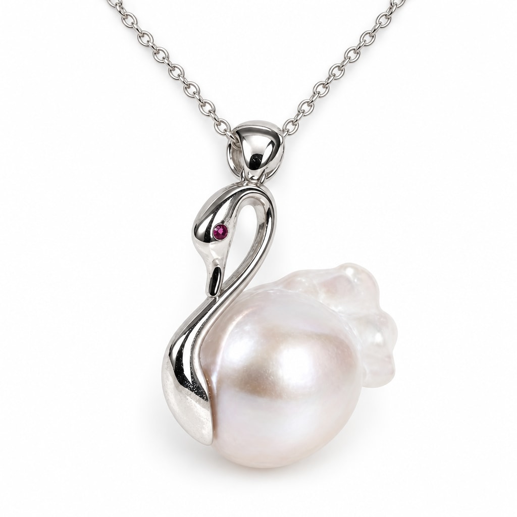 Mabel sterling silver swan pendant necklace with a large white baroque freshwater pearl body on white background