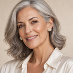 Woman in her fifties wearing the Manon crystal fan pearl stud earrings, hair swept up
