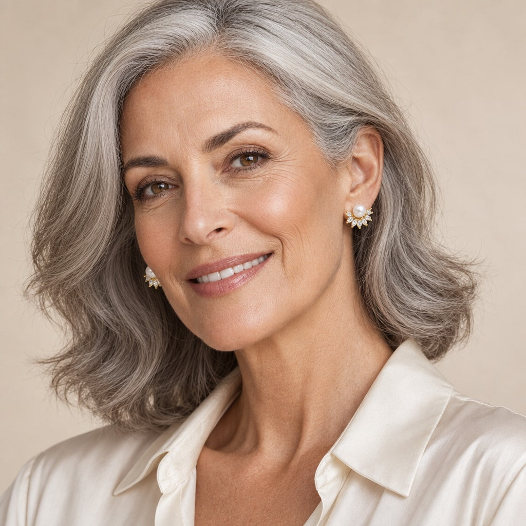 Woman in her fifties wearing the Manon crystal fan pearl stud earrings, hair swept up