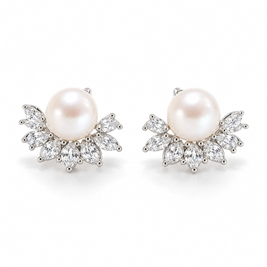 Manon pearl earrings, 7-8mm white button pearls above fans of marquise crystals - second finish