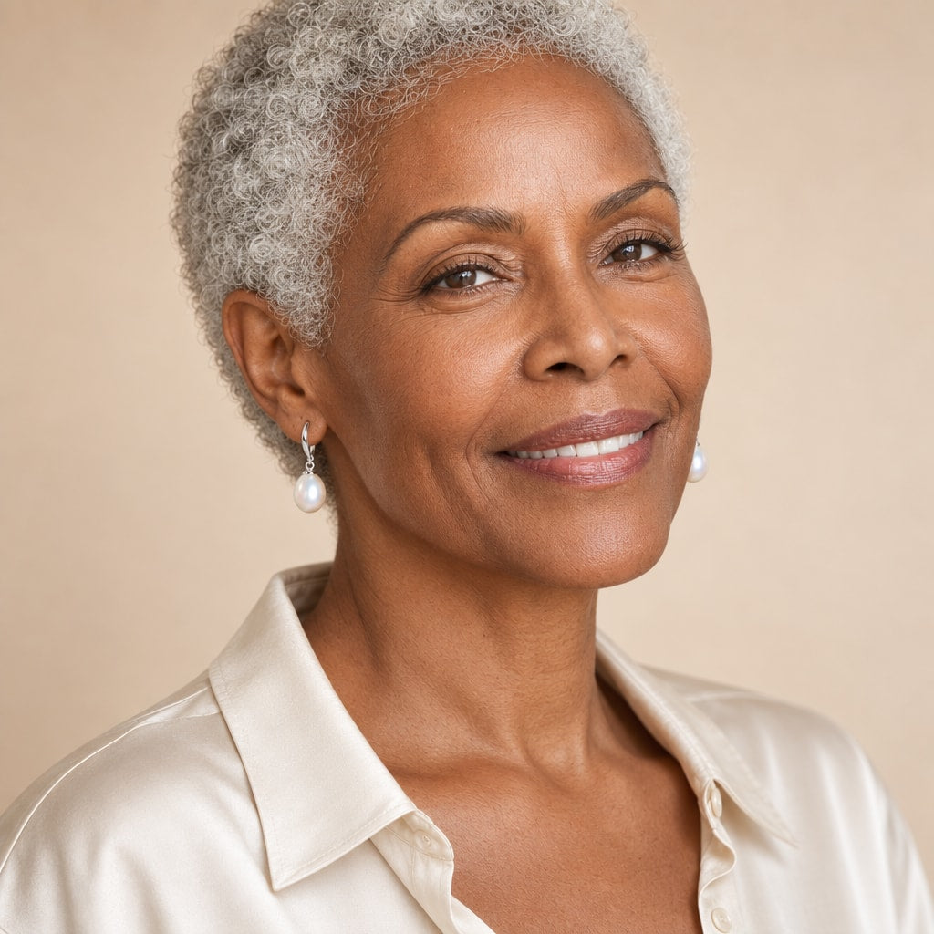 Woman in her forties wearing the Maren rice pearl drop earrings, hair down
