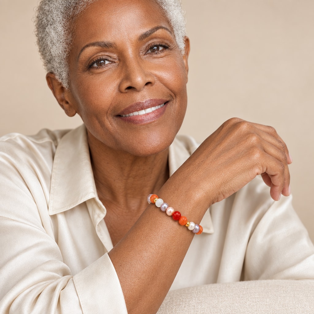 Close-up of a wrist wearing the Margherita orange bead and multicolor pearl bracelet