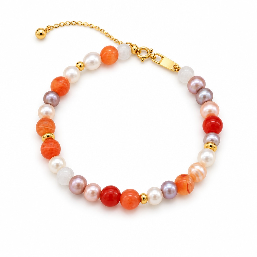 Margherita bracelet mixing orange-red beads, white translucent beads and multicolor freshwater pearls, on a white plate