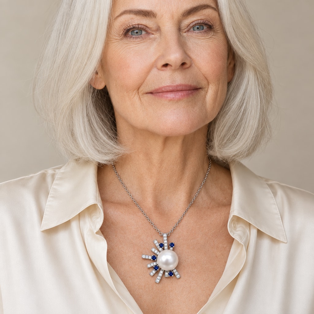 Woman wearing the Marian pavé sunburst pearl pendant necklace at the sternum with a black crew-neck top