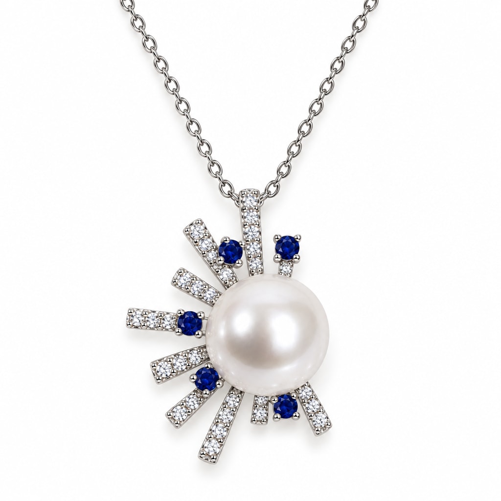 Marian pavé sunburst freshwater pearl pendant necklace with blue-tipped rays in sterling silver on white background