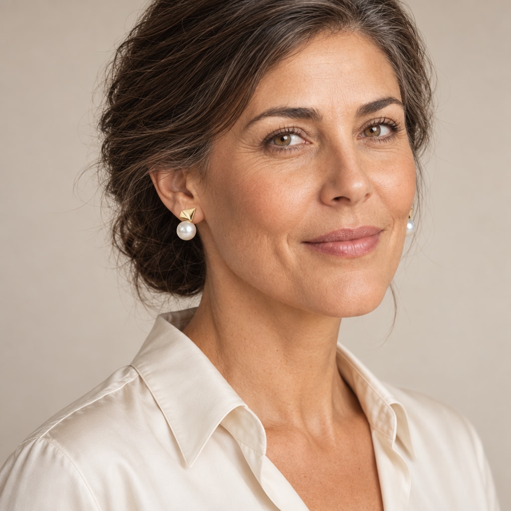 Woman in her forties wearing the Marijke triangle pearl stud earrings, hair in a low bun