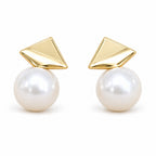 Marijke geometric triangle pearl stud earrings, 10-11mm white freshwater pearls beneath polished triangles